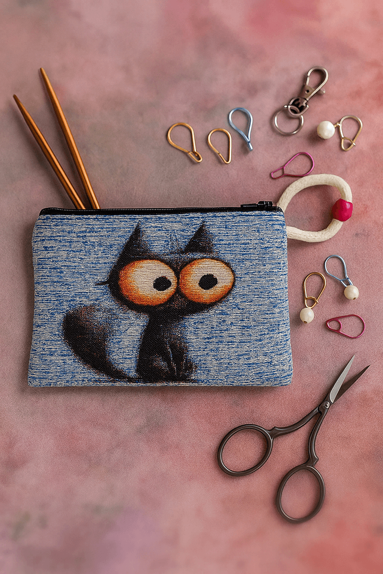 Zubehörtasche mit Motiv – z. B. bunte Katze | Für Strick- & Häkelprojekte