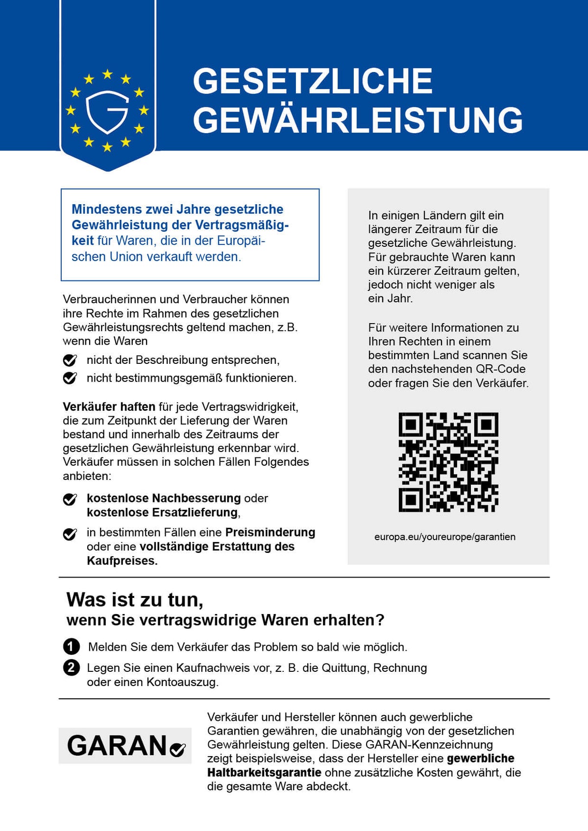 Gesetzliche Gewährleistung – Informationen zu Ihren Rechten bei mangelhaften Waren (EU-Mitteilung)