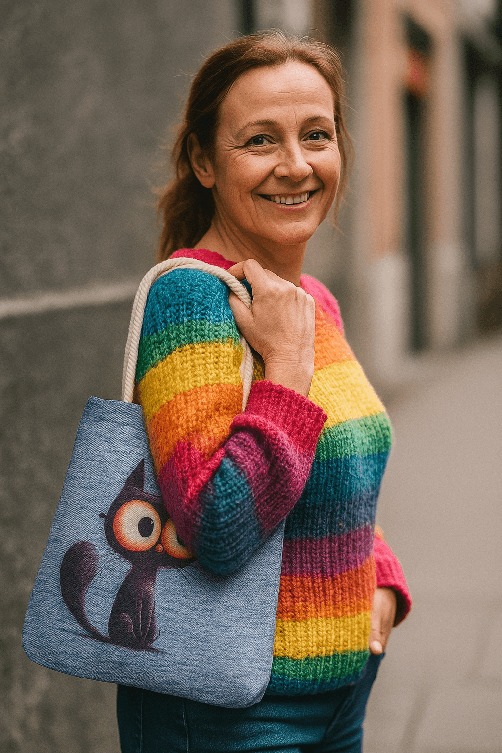 Projekttasche mit Motiv – z. B. bunte Katze | 60% Baumwolle, 40% Polyester | Für Strick- & Häkelprojekte